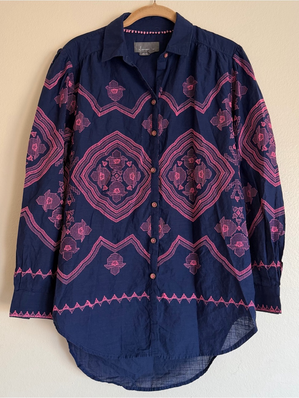 Anthropologie Navy Pink Geometric Embroidered Woven Boho Button-Down Blouse XS - Picture 3 of 10